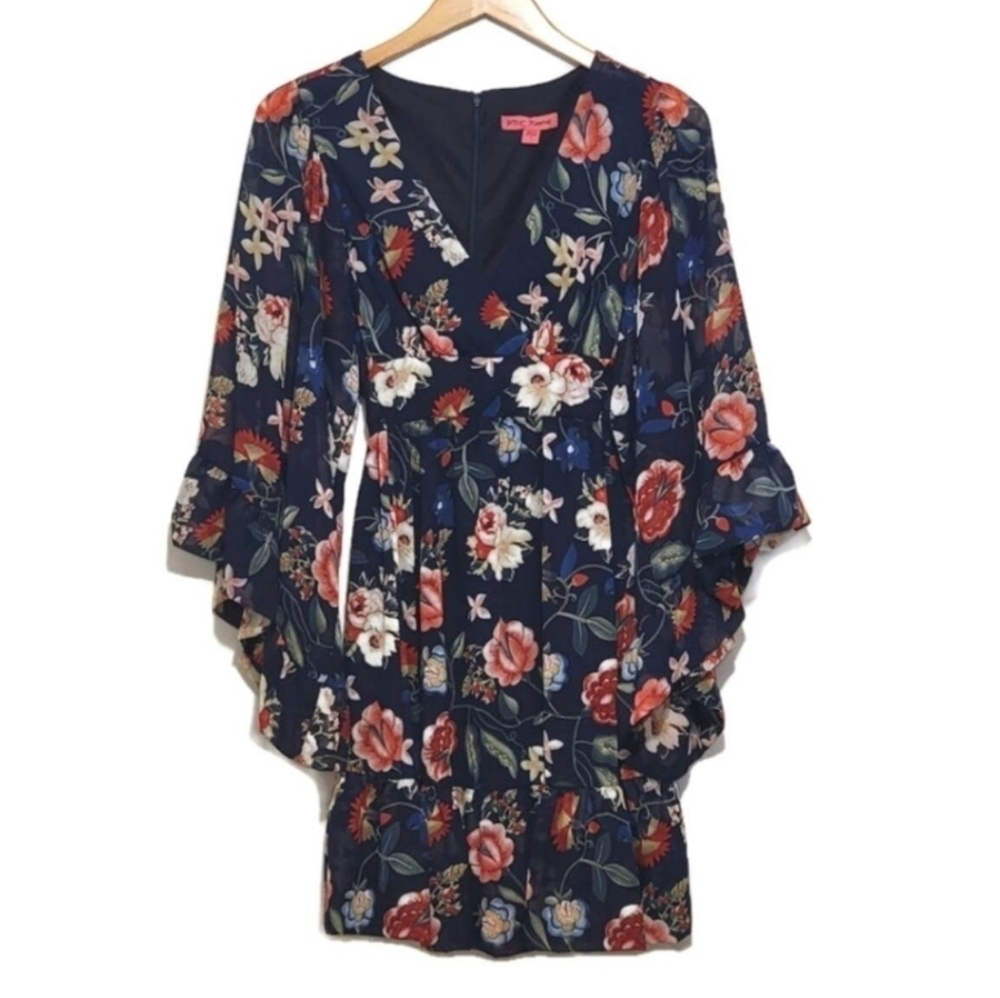 Betsey Johnson Bambi Floral V Neck Bell Sleeve Ruffle Hem Blue Mini
